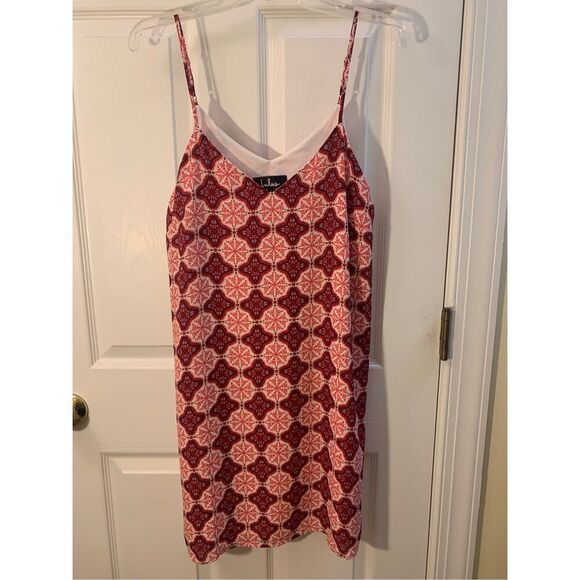 LULUS SLIP DRESS SPAGHETTI STRAPS V NECK BOHO CORAL/RED/WHITE OFFICE SIREN SZ L - Picture 2 of 13